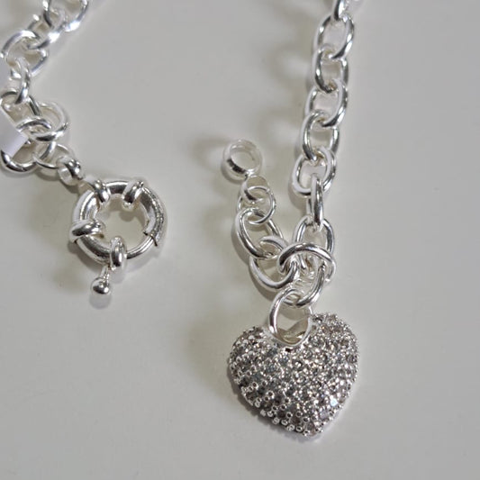 Pulseira Coração Cravejado PL Fecho Bóia