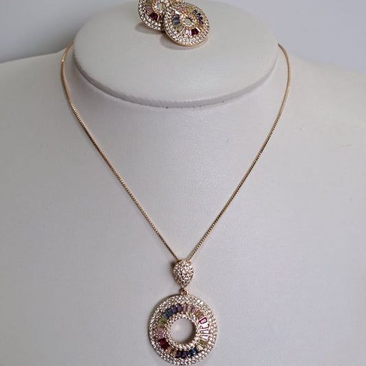 Conjunto Pizza Zircônias Coloridas Dourado