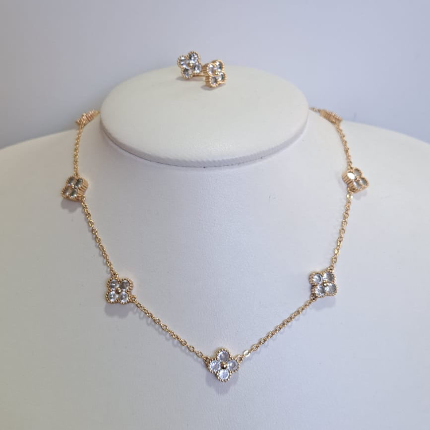 Brinco Conjunto Especial Flor VC Dourado Zircônias