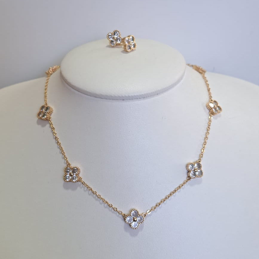 Colar Conjunto Especial Flor VC Dourado Zircônias
