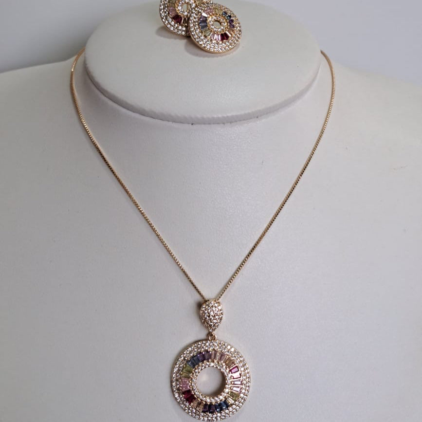 Conjunto Pizza Zircônias Coloridas Dourado