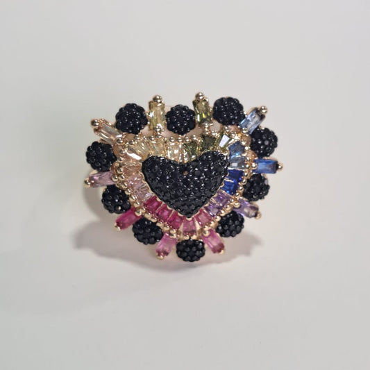 Anel Queen Coração Negro  Zircônias Dourado