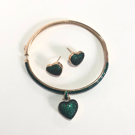 Conjunto Especial Coração Zircônias Verde Pulseira e Brinco
